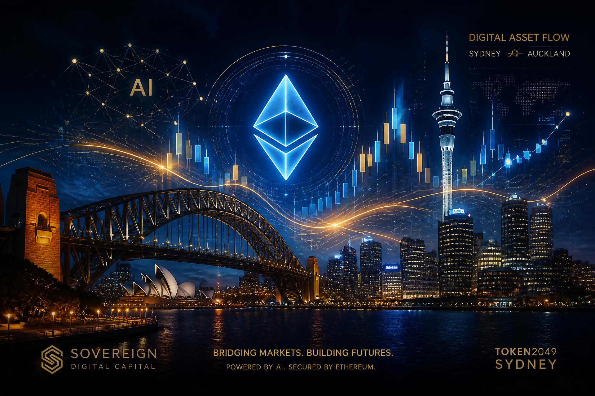 Sydney Harbour and Auckland skylines blended with holographic crypto and AI visuals